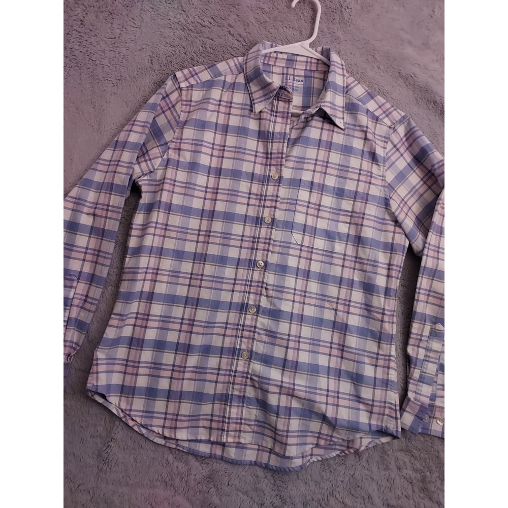 LL Bean Shirt Womens Medium Oxford Cloth Midweight Preppy Blue Plaid Pocket M